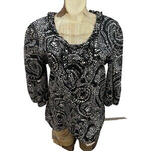 Art And Soul Black And Ivory Geometric Pattern Ruffle Neck Cotton Blouse Sz M